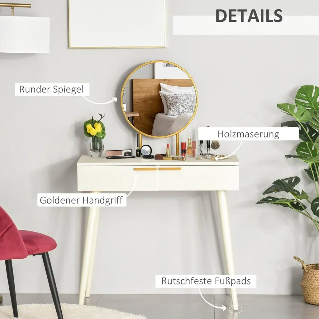 Schminktisch Frisiertisch modern Kosmetiktisch mit Spiegel Schublade Schlafzimmer Holz Weiß 80 x 40 x 123 cm