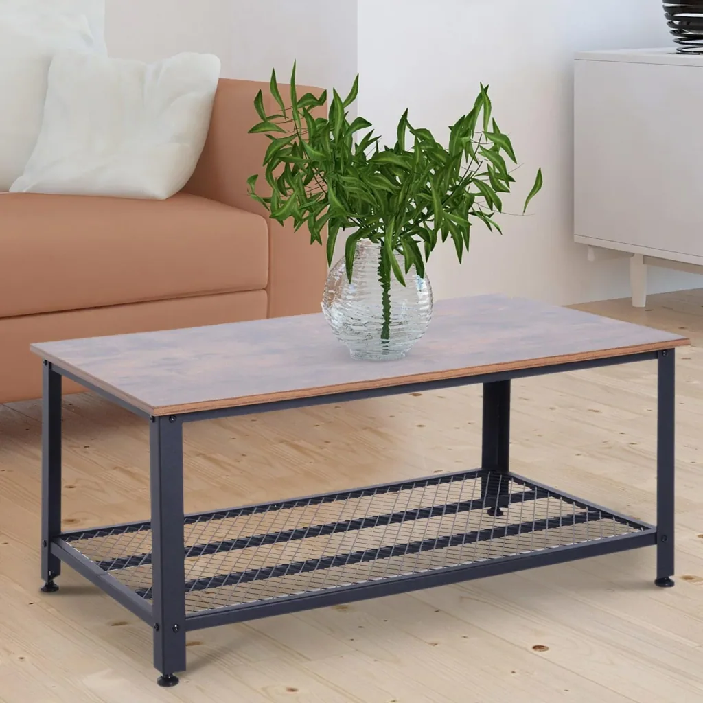 Vintage Beistelltisch Couchtisch Sofatisch mit Ablage Metallgestell gemasert 106 x 60 x 45 cm