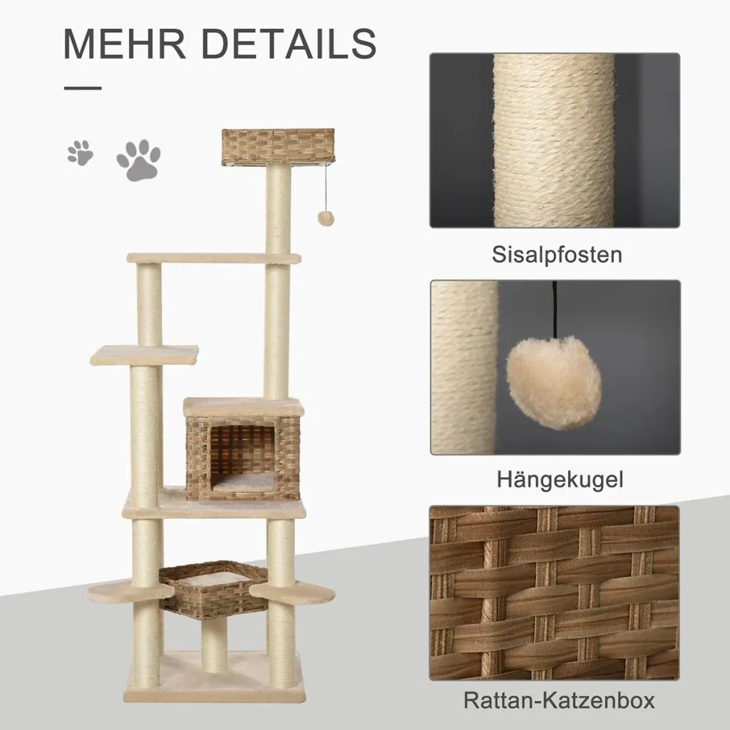 Rattan Kratzbaum mit Katzenhöhle Hängematte Mehrstufiger Katzenbaum Kletterbaum für Katzen E1 MDF Sisal Beige+Braun 55