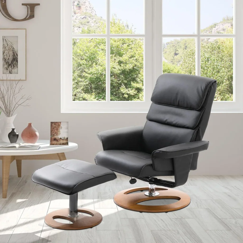 Relaxsessel mit Hocker Fernsehsessel 360° drehbar 120° neigbar PU-Bezug Holzfuß Schwarz 81 x 76 x 103 cm