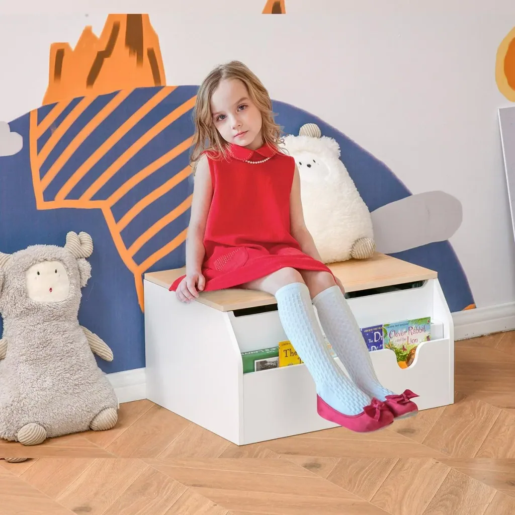 Kindersitzbank mit Stauraum 2-in-1 Truhenbank Spielzeugkiste Aufbewahrungstruhe 3-8 Jahre Kindermöbel Weiß 58 x 43 x 30