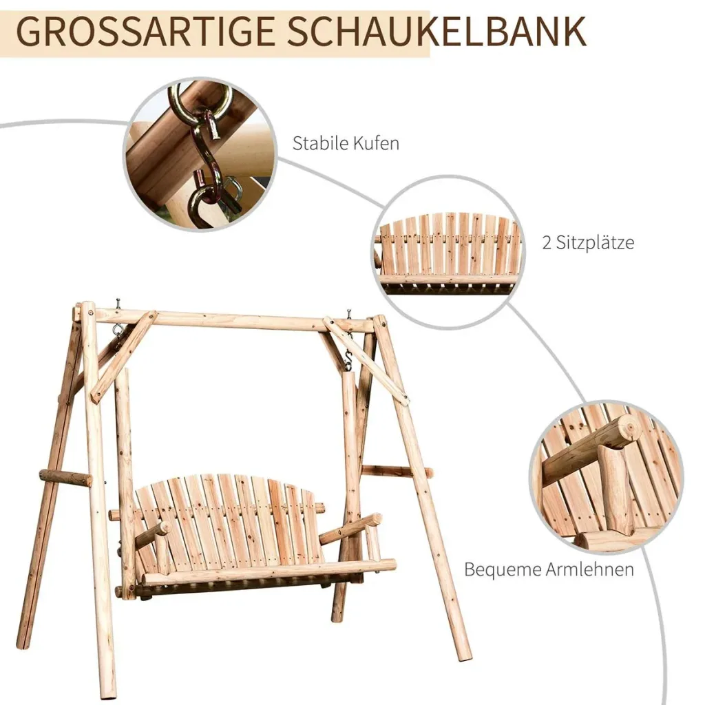 Hollywoodschaukel 2-Sitzer Gartenschaukel Schaukelbank Hängebank Massivholz Natur187 x 137 x 170 cm
