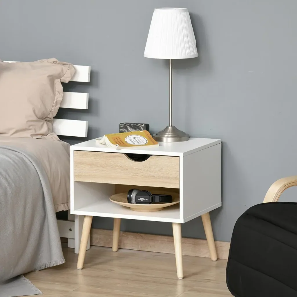 Beistelltisch Nachttisch Flurkommode mit 1 Schubladen MDF Spanplatte Weiß+Eiche 50 x 39 x 51 cm