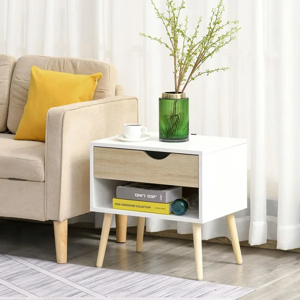 Beistelltisch Nachttisch Flurkommode mit 1 Schubladen MDF Spanplatte Weiß+Eiche 50 x 39 x 51 cm