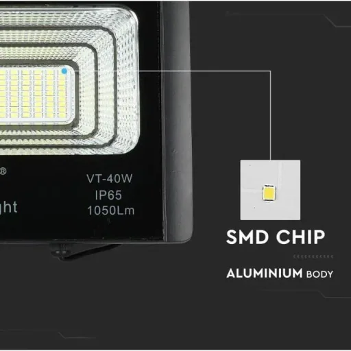 VT-40W Solar-Flutlicht mit Solarpanel - 1050 Lm - 6000K - Schwarz