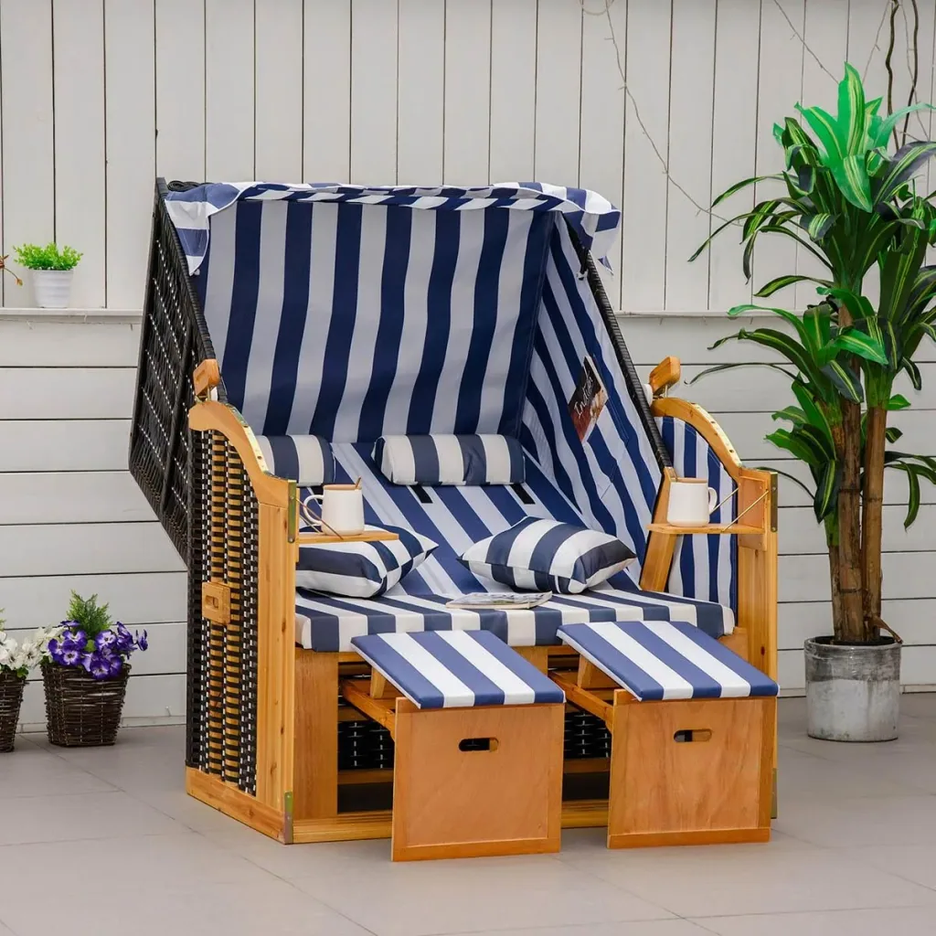 Strandkorb Doppelte Sonnenliege mit Dach Doppelliege mit Getränkehaltern Chaiselongue 5-stufige Rückenlehne PE-Rattan Bl