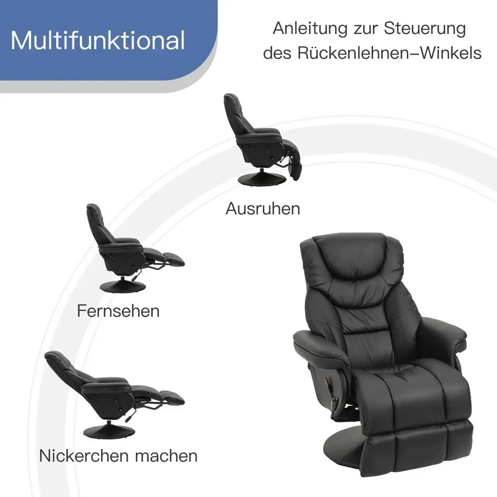 Relaxsessel, Fernsehsessel, Einzelsofa 135 °Neigung, Stahl+PU+Schaumstoff+Kunststoff, Schwarz, 79 x 81 x 107 cm