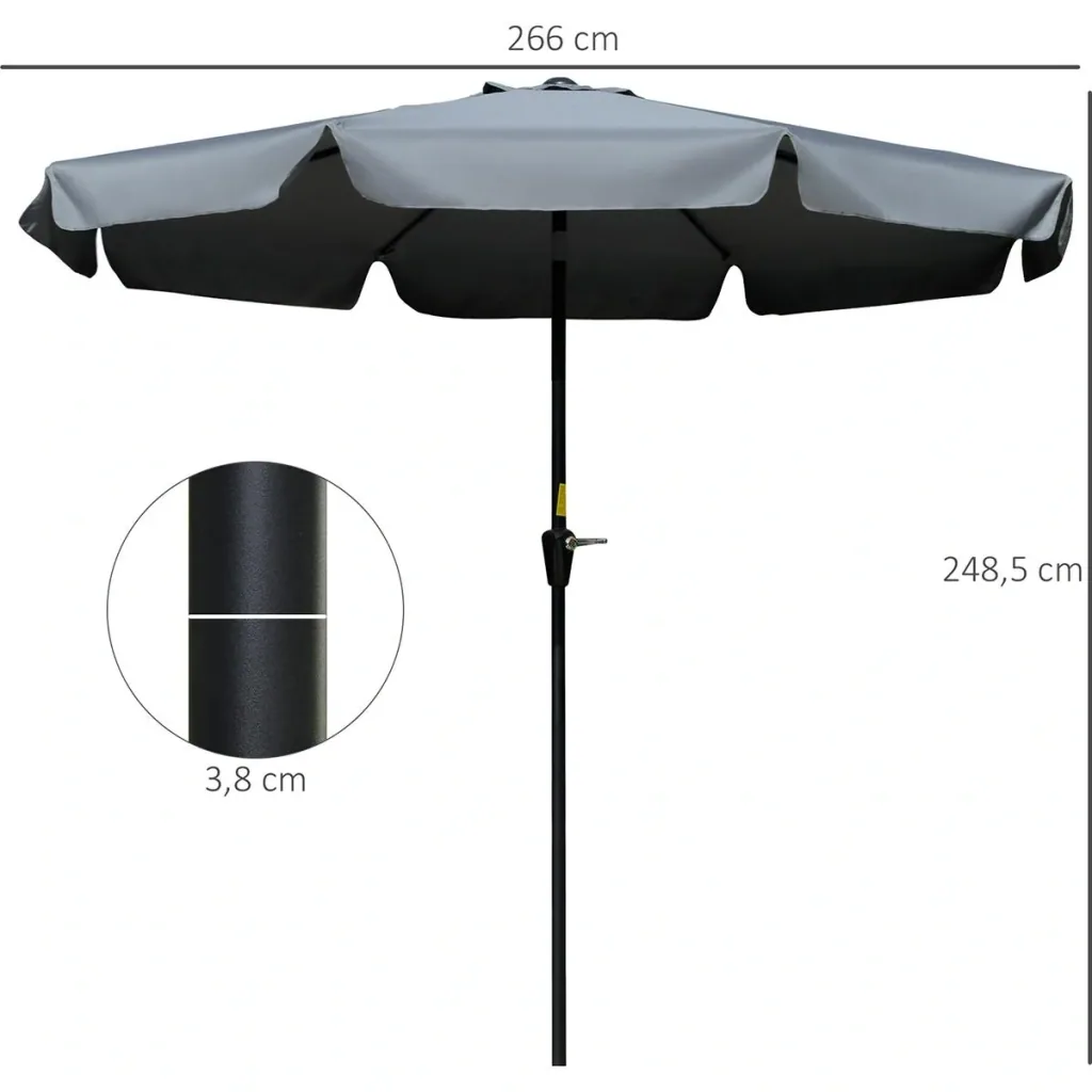 Garten Sonnenschirm Ø2,66 m UV-Schutz 50+ Garten Sonnenschirm 8 Rippen Verstellbar Dunkelgrau