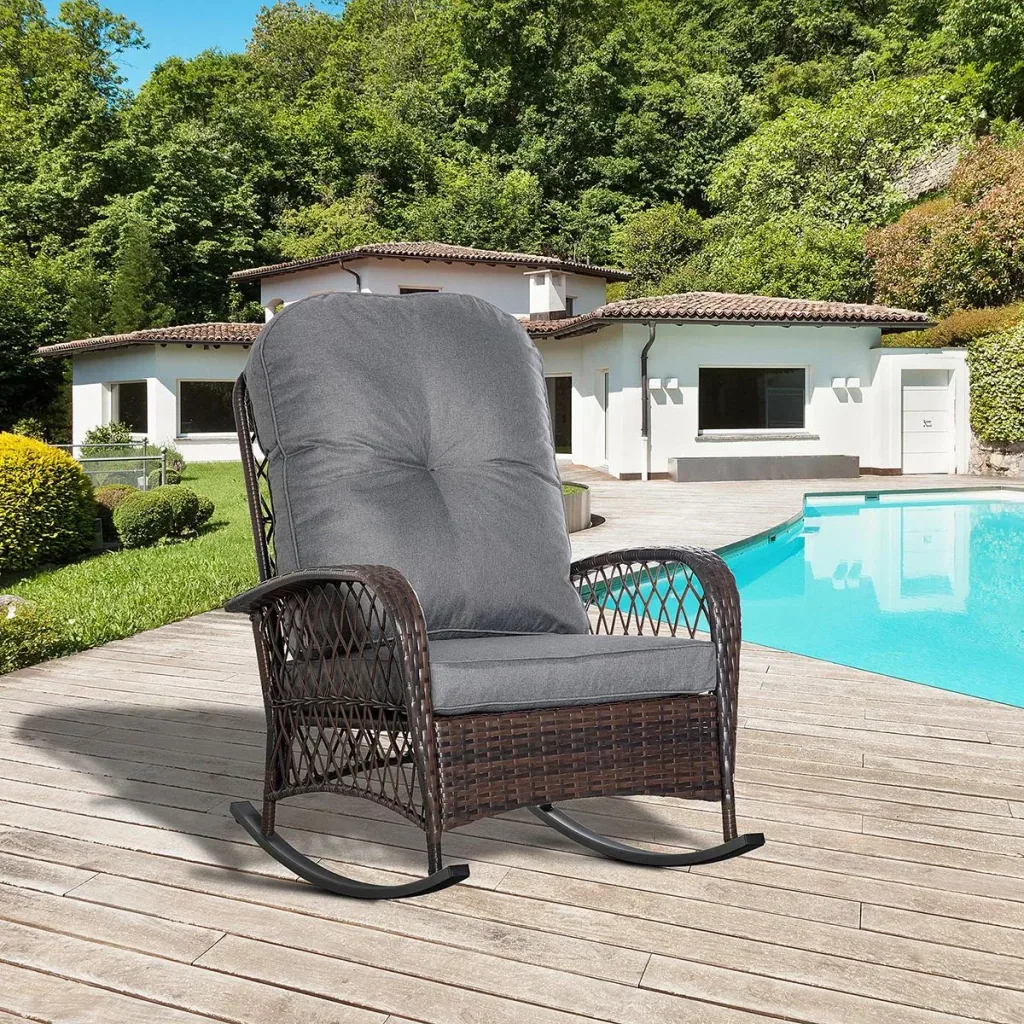 Schaukelstuhl gepolstert mit Knopfheftung PE Rattan Stahl Braun + Grau