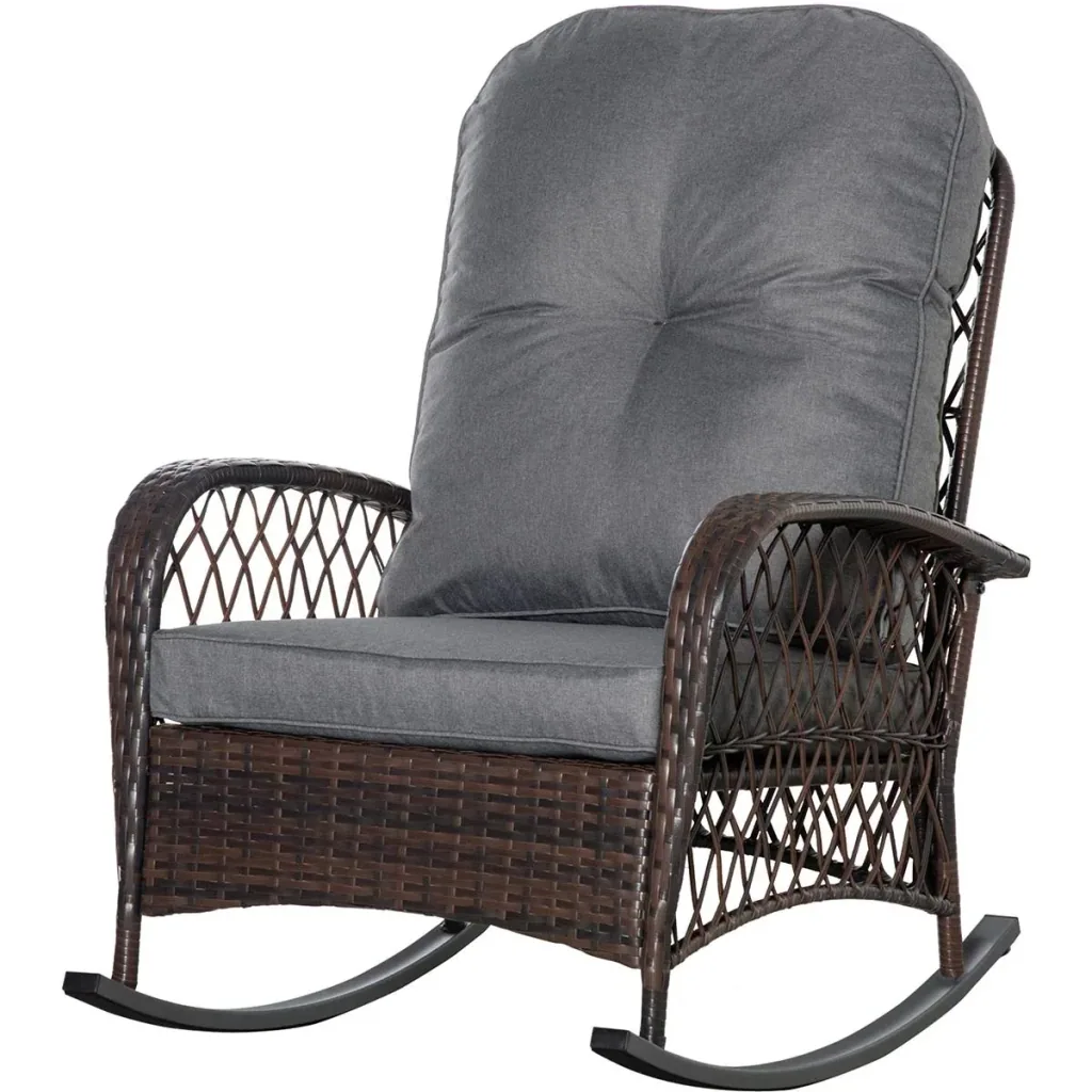 Schaukelstuhl gepolstert mit Knopfheftung PE Rattan Stahl Braun + Grau