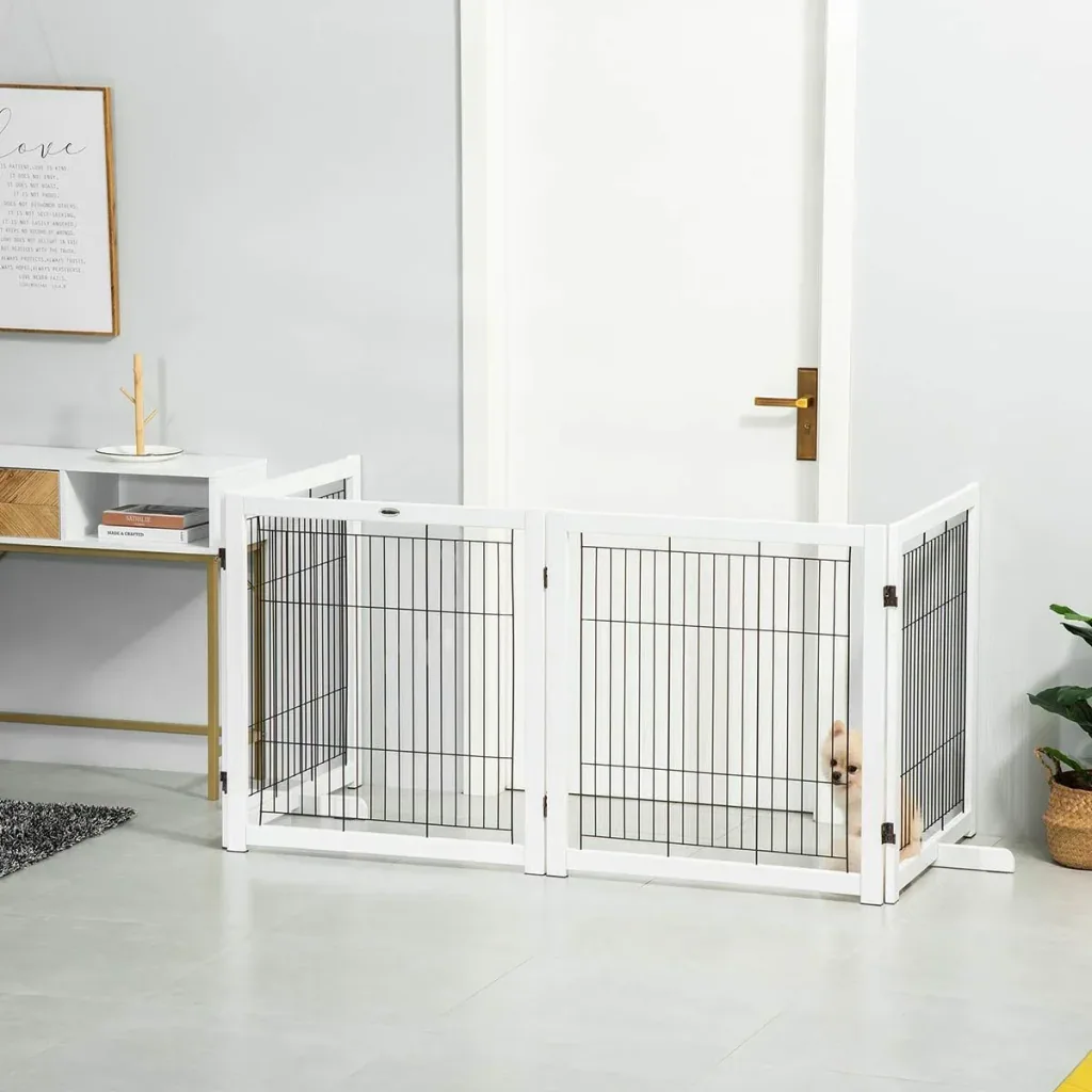 Türschutzgitter Holz Absperrgitter für Hunde Schutzgitter Hundegitter Sicherheitstür Bidirektionales Falten Stahl Weiß 3