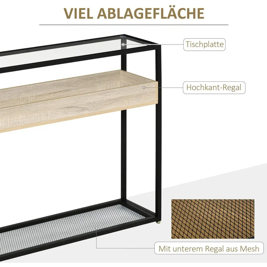 Standregal Sideboard mit Glasoberfläche offenen Fächern Beistellschrank Bücherregal Küchenregal industrieller Stil für W
