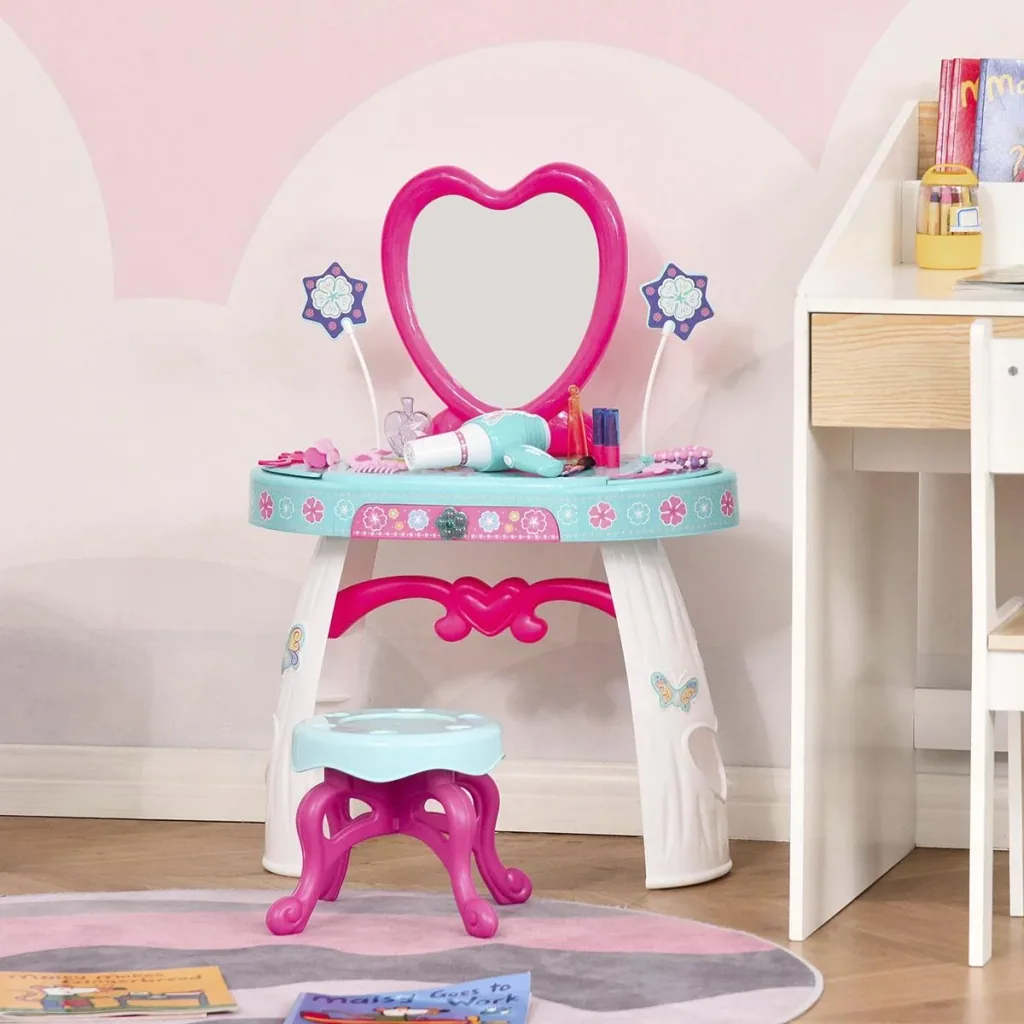 Kinderschminktisch mit Schubladen und reichhaltigem Zubehör Frisiertisch mit Hocker 5 Musikstücke Licht für Mädchen ab 3