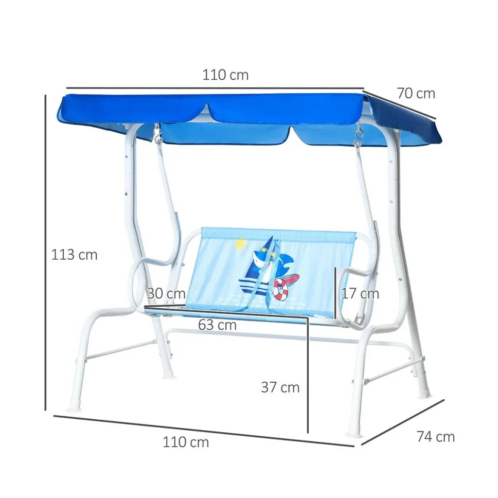 Kinderhängematte 2-Sitzer Kinderschaukel mit verstellbarem Sonnendach für 3-6 Jahre Kinder Metall blau 110 x 74 x 113 cm