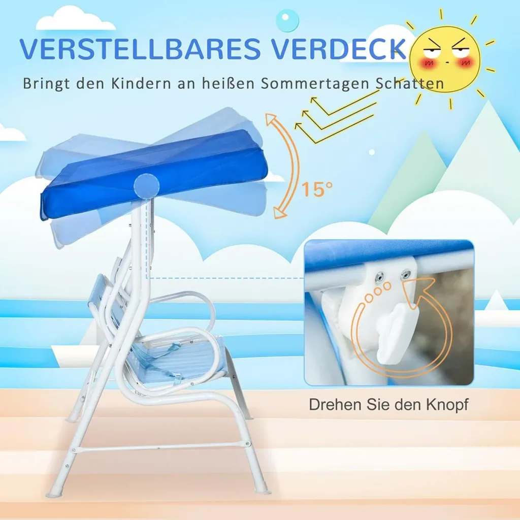 Kinderhängematte 2-Sitzer Kinderschaukel mit verstellbarem Sonnendach für 3-6 Jahre Kinder Metall blau 110 x 74 x 113 cm