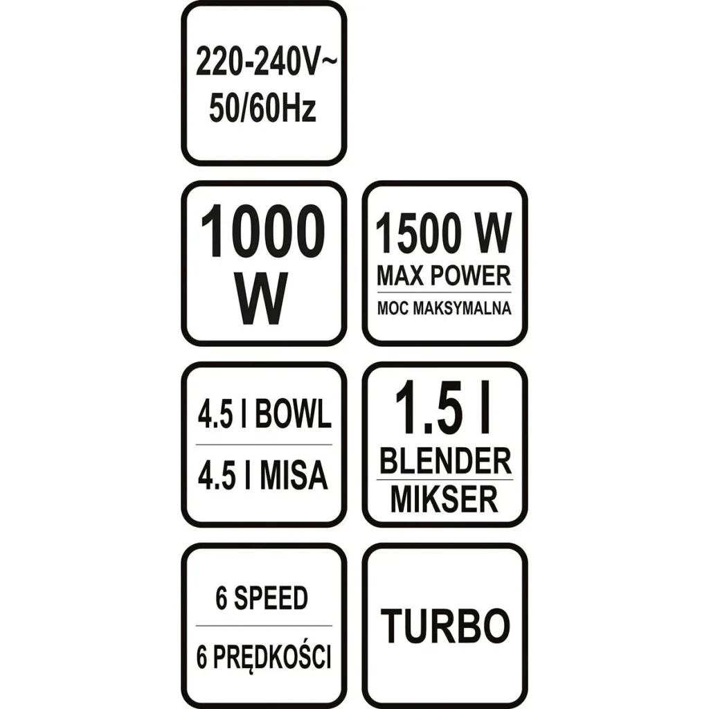Küchenmaschine Mixer 3in1 - 1000W - 240V - 6 Geschwindigkeiten und Turbofunktion