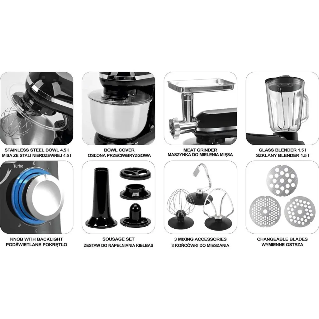 Küchenmaschine Mixer 3in1 - 1000W - 240V - 6 Geschwindigkeiten und Turbofunktion