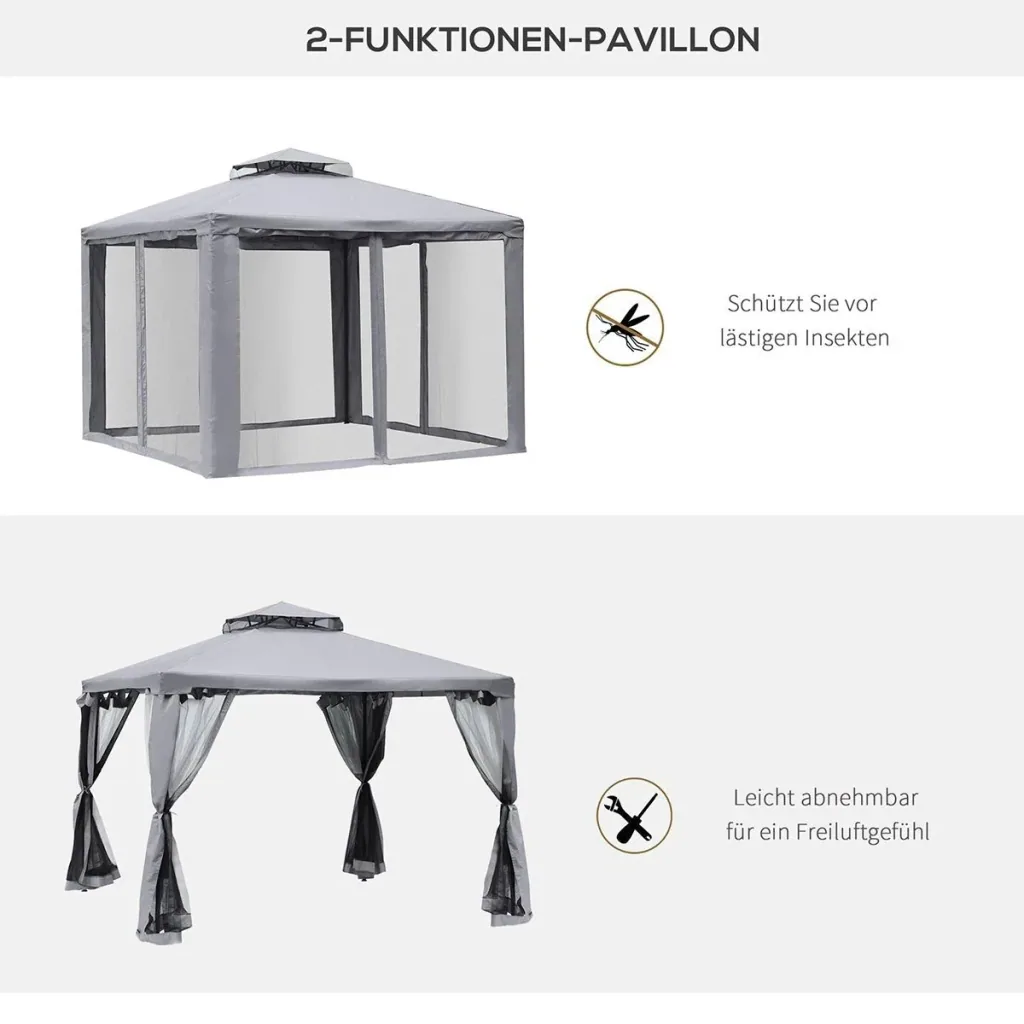 Gartenpavillon Pavillon Gartenzelt Festzelt Partyzelt mit 4 x Seitenwand wetterfest Metall + Polyester Grau 3 x 3 x 2,6