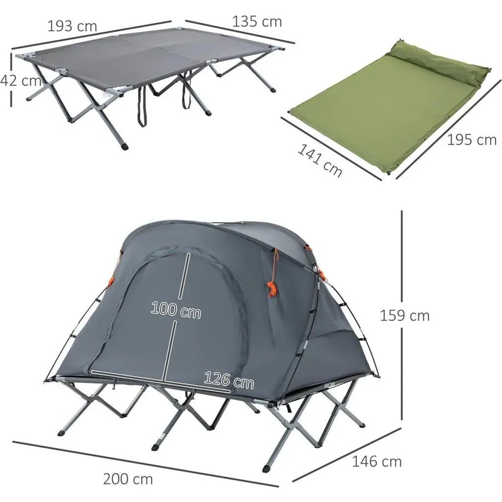 Campingzelt 2 Personen - mit Bett und Matratze - faltbar - Grau - 200 x 146 x 159 cm