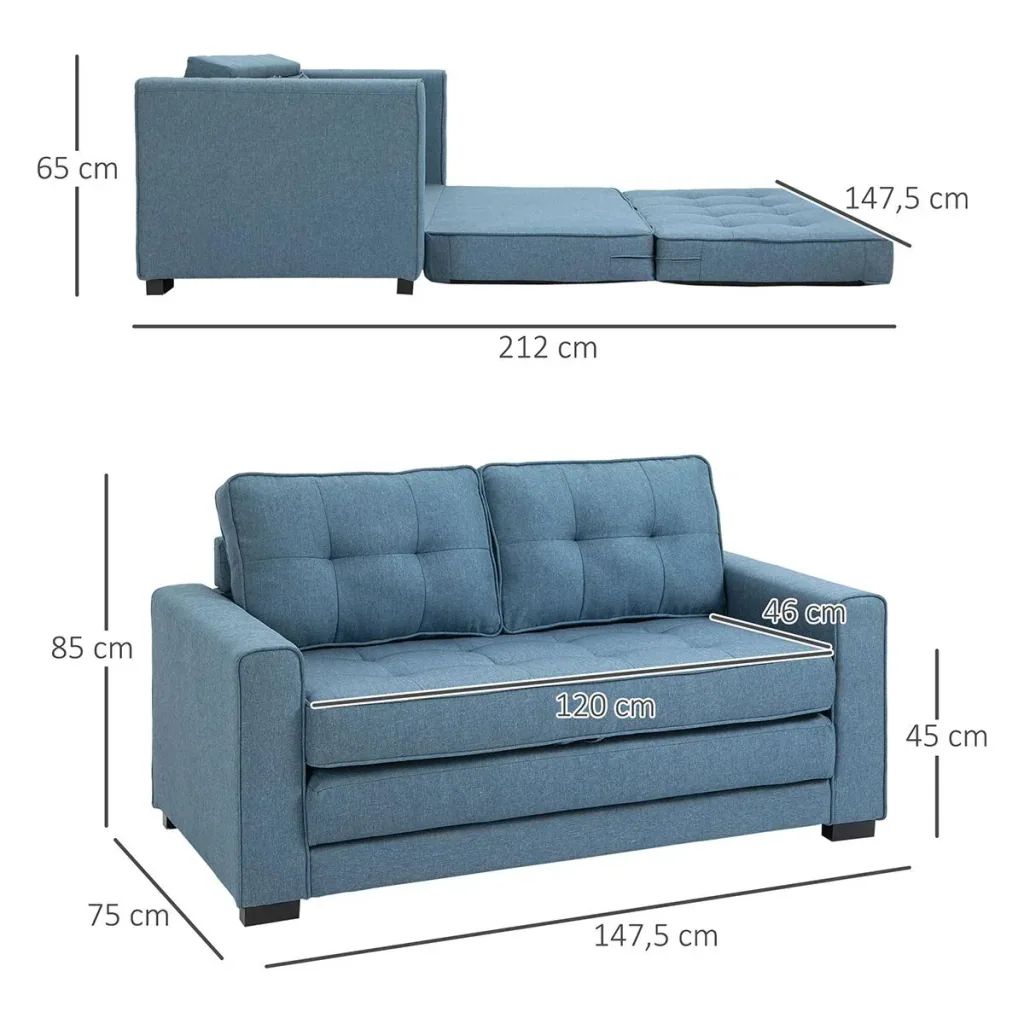 Ausziehbares Zweisitzer-Bettsofa, Massivholz, Leinenoptik, blau, 147,5 x 75 x 85 cm