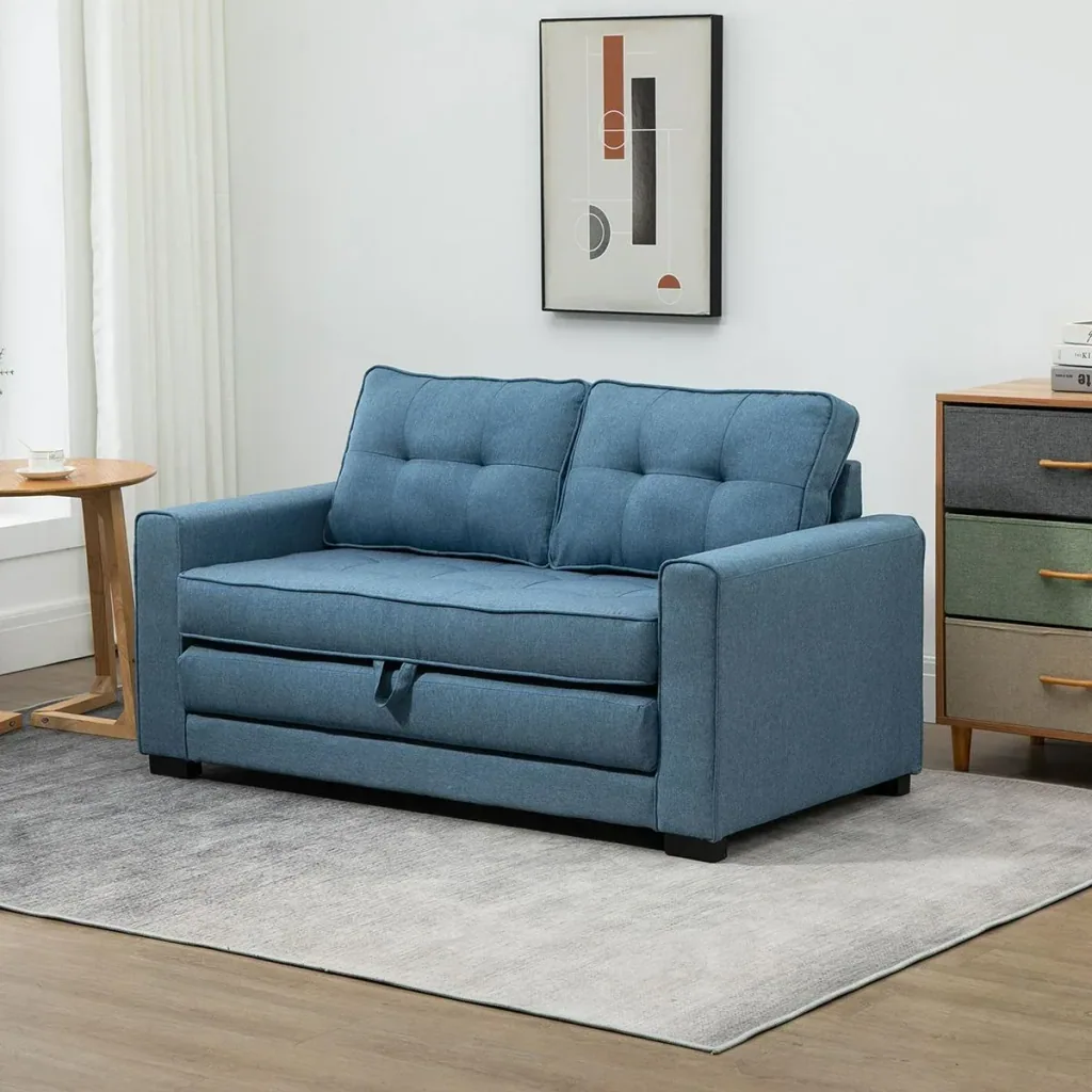 Ausziehbares Zweisitzer-Bettsofa, Massivholz, Leinenoptik, blau, 147,5 x 75 x 85 cm