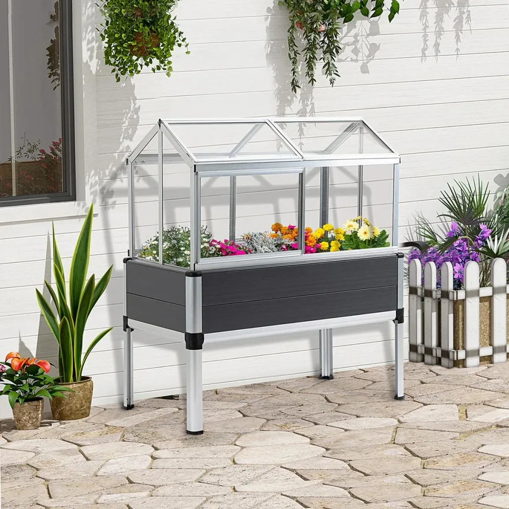 Hochbeet mit Frühbeet Aufsatz aus Aluminium für Garten Terrasse Balkon Kräuterbeet Pflanzkasten Grau 113,5 x 61 x 128,5
