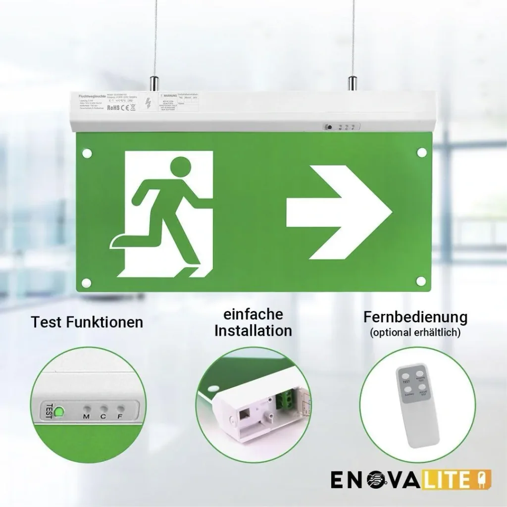 LED-Fluchtwegleuchte 4in1, Notausgang mit Notstromeinheit mit TEST-Funktion hat 4 Montagemöglichkeiten