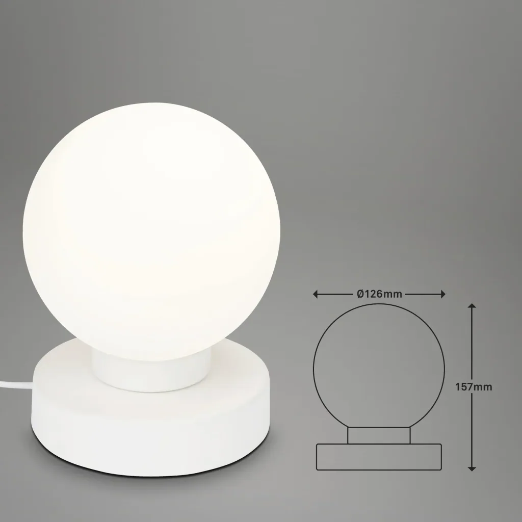 PULU Tischleuchte, Metallsockel weiß, Opal Glas, Kabelschalter, E14 Fassung