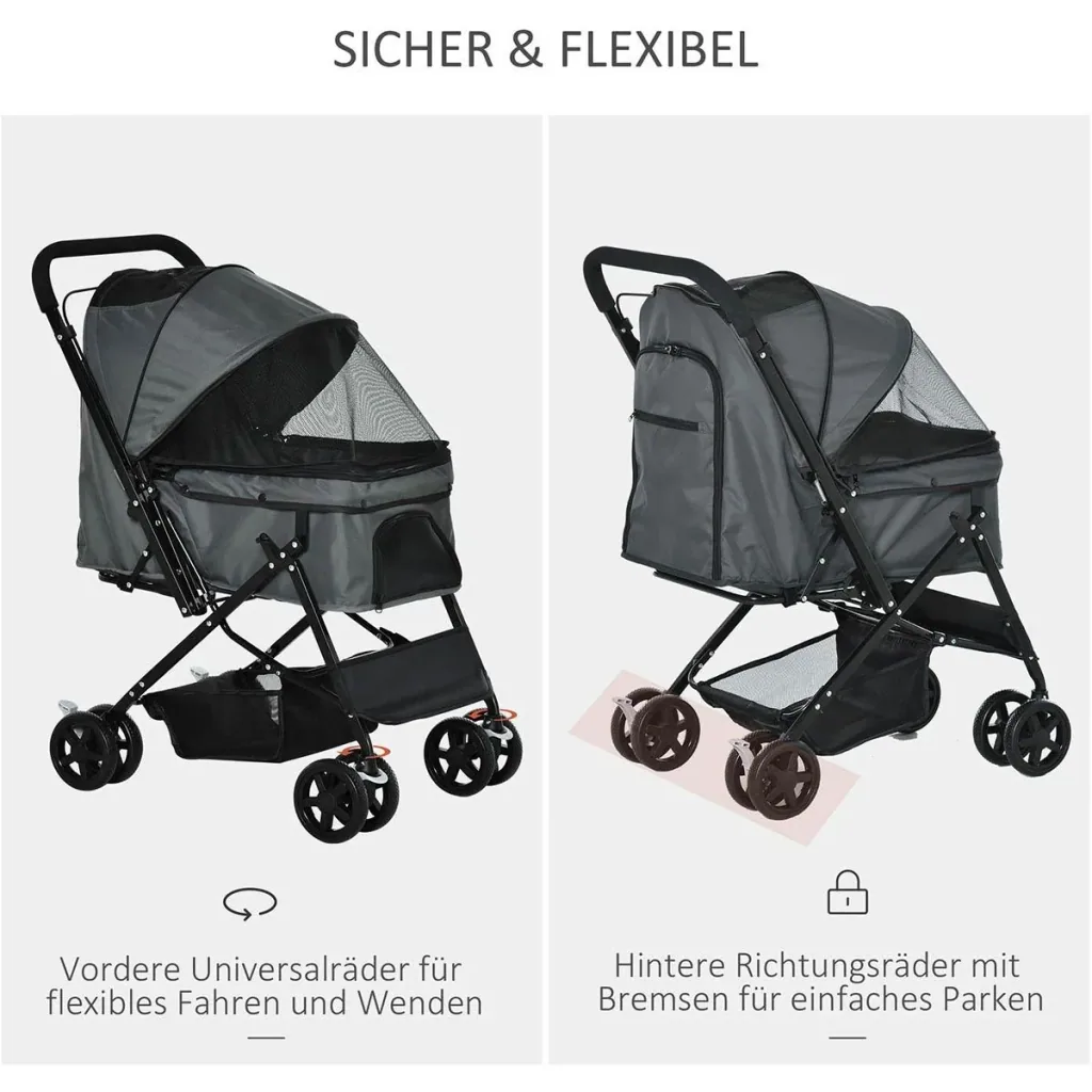 Hundebuggy Hundewagen Buggy für kleine Hunde und Katzen Haustierwagen Pet Stroller Katzenbuggy Oxford Dunkelgrau 76,5 x