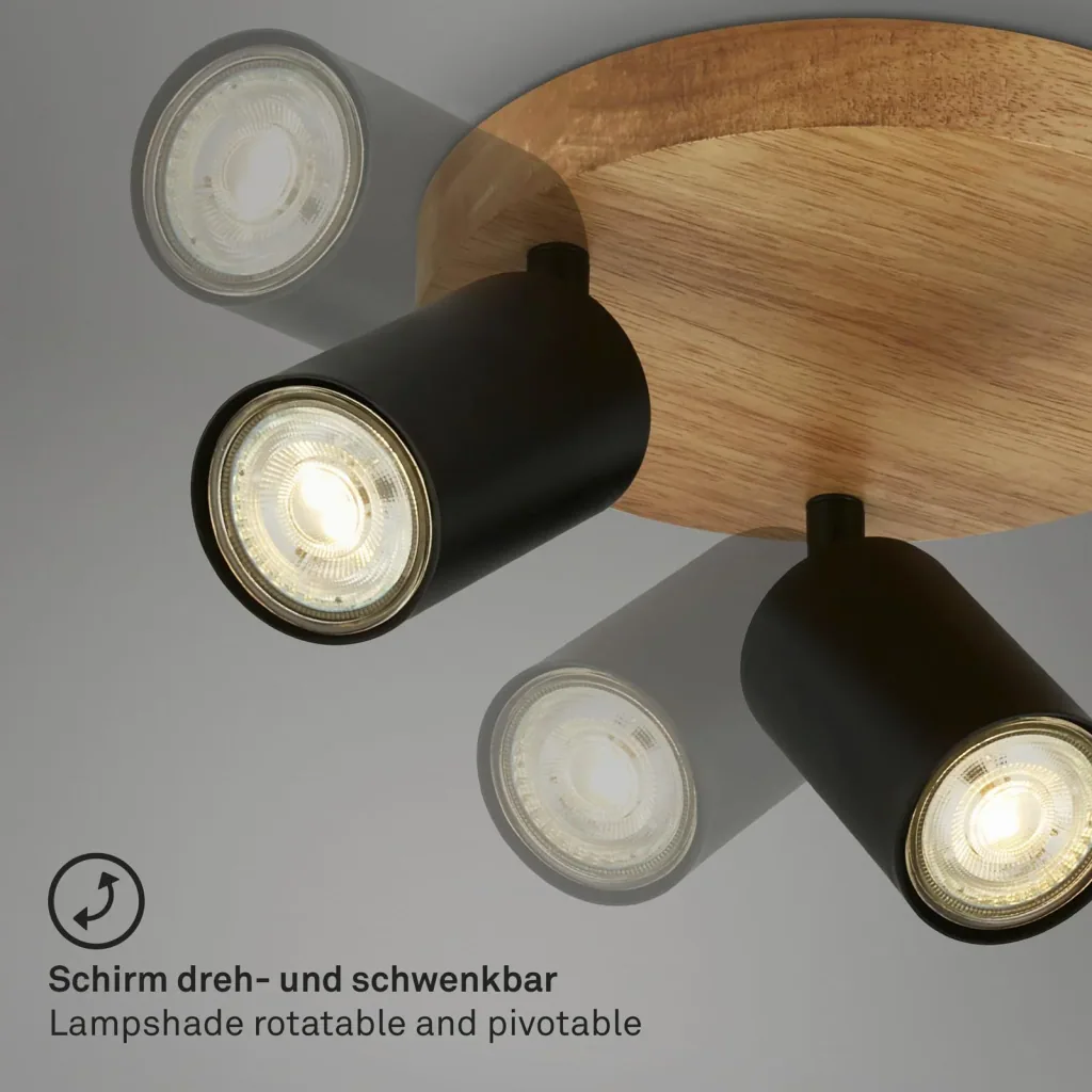 Vintage Spotleuchte 3-flammig, schwarz mit Holzbaldachin, 3 x GU10 Fassung