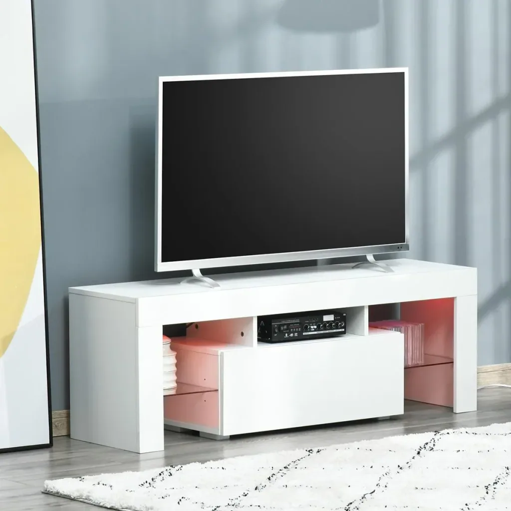 Fernsehtisch TV Schrank mit RGB-Lichtleisten TV-Kommode Schrankelement mit verstellbaren Glasböden offenen Einlegeböden