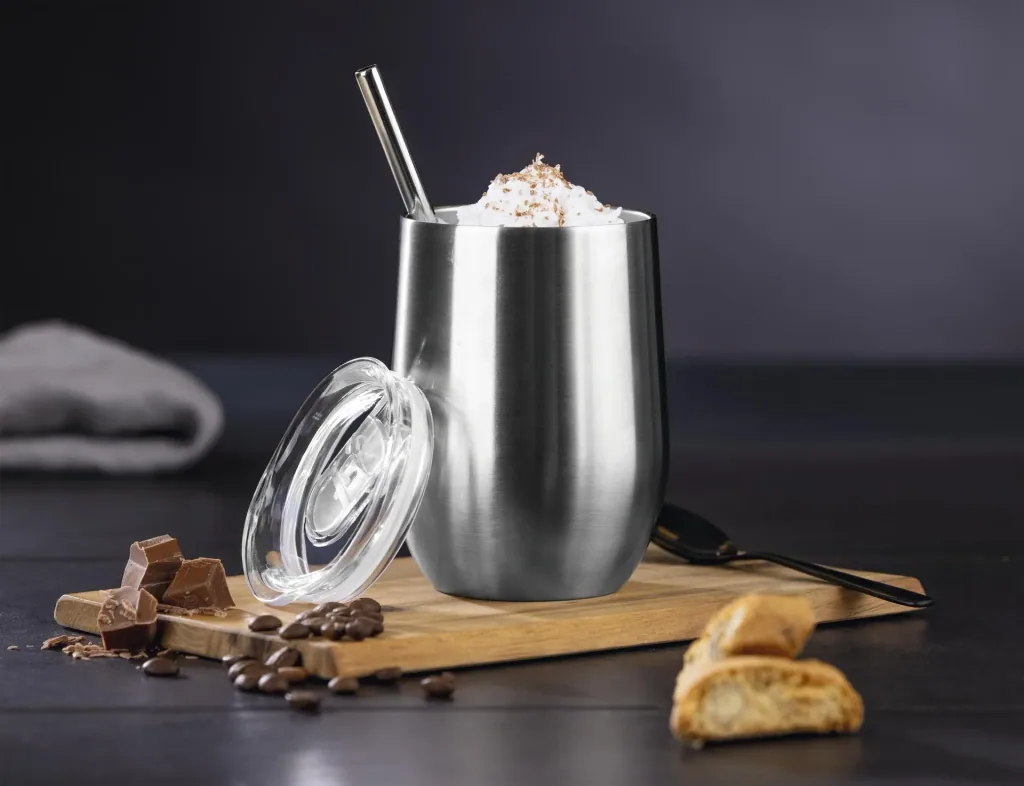 Thermo Getränkebecher aus Edelstahl mit Edelstahl Trinkhalme und abnehmbaren Deckeln, 6-teilig 350 ml