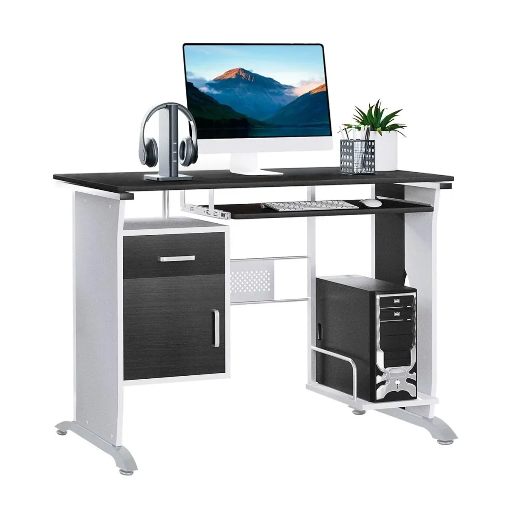 Computertisch Winkelschreibtisch mit Schubladen Schreibtisch Bürotisch Anti-Rutsch Metall MDF Schwarznuss+Silber 100 x 5