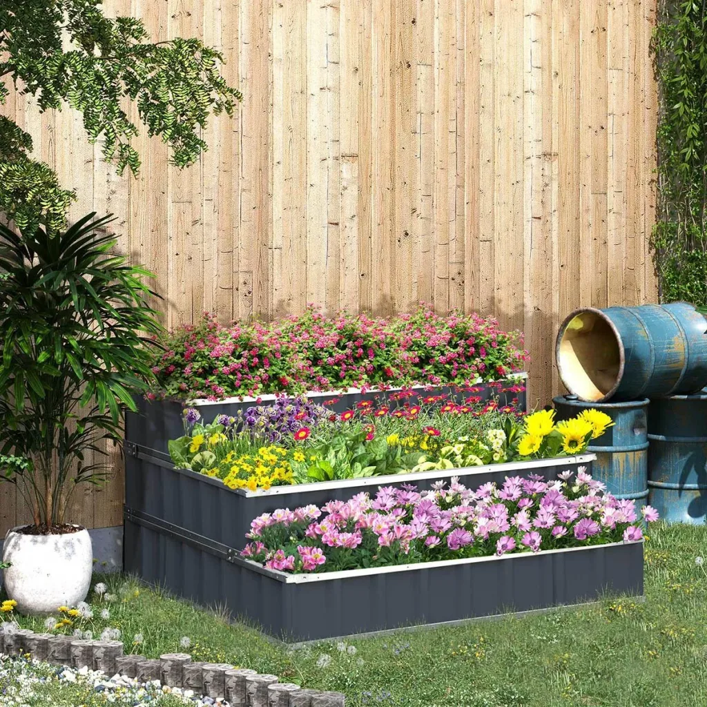 Hochbeet aus Stahl 3-stufige Gartenbeet mit T-Form-Pflanzenschilder Handschuhe Pflanzenbeet Kräuterbeet Blumentreppe für