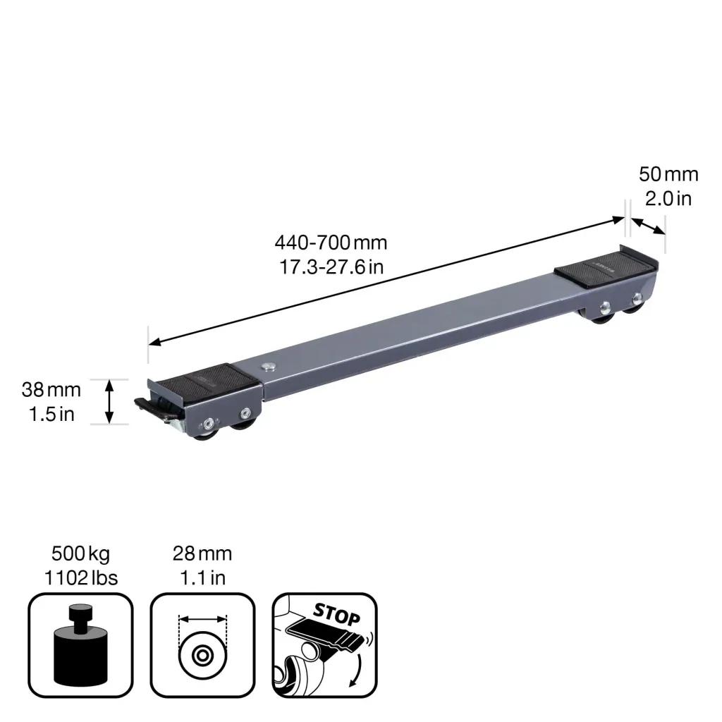 Transportschiene MM 1199 2 teilig, 45-70 cm, ausziehbar, 12 Bockrollen Ø 30 mm, Feststeller, Tragkraft 500 kg