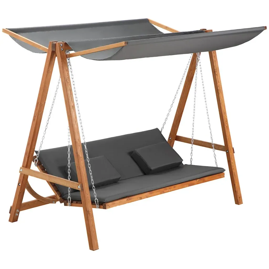 Gartenschaukel für 3 Personen, klappbar zum Doppelbett, grau+teak, 225,5 x 113 x 180 cm
