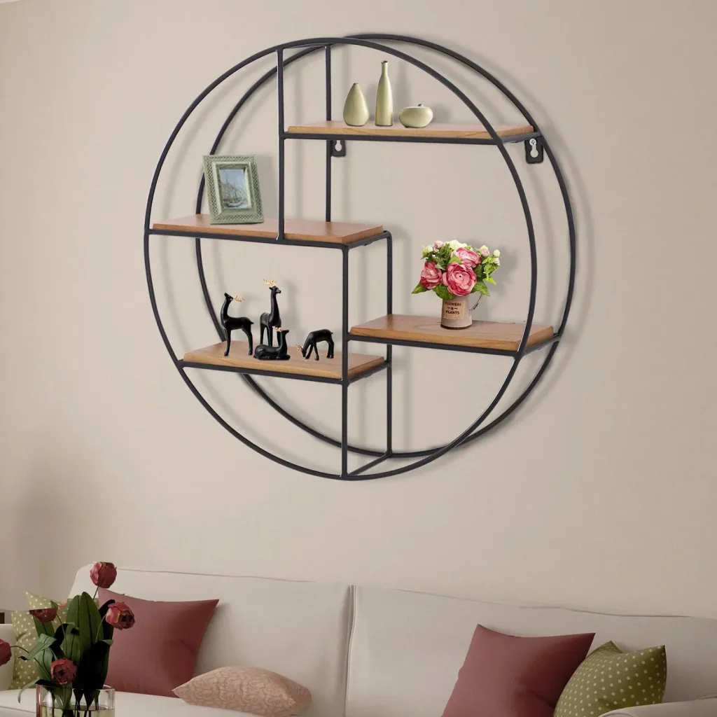 Wandregal Bücherregal Metallregal Hängeregal Dekoregal rund 4 Etage Metall + Holz Schwarz + Natur ?45 x 11cm