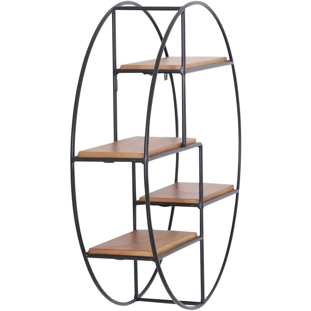 Wandregal Bücherregal Metallregal Hängeregal Dekoregal rund 4 Etage Metall + Holz Schwarz + Natur ?45 x 11cm