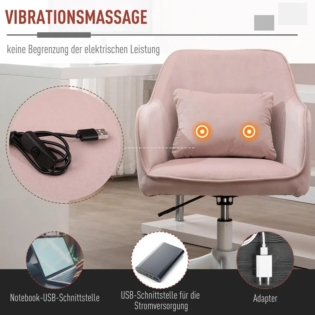Massage Bürostuhl mit Vibrationsfunktion Lendenkissen Armlehnen höhenverstellbar Samt Rosa 55 x 65 x 79-89 cm