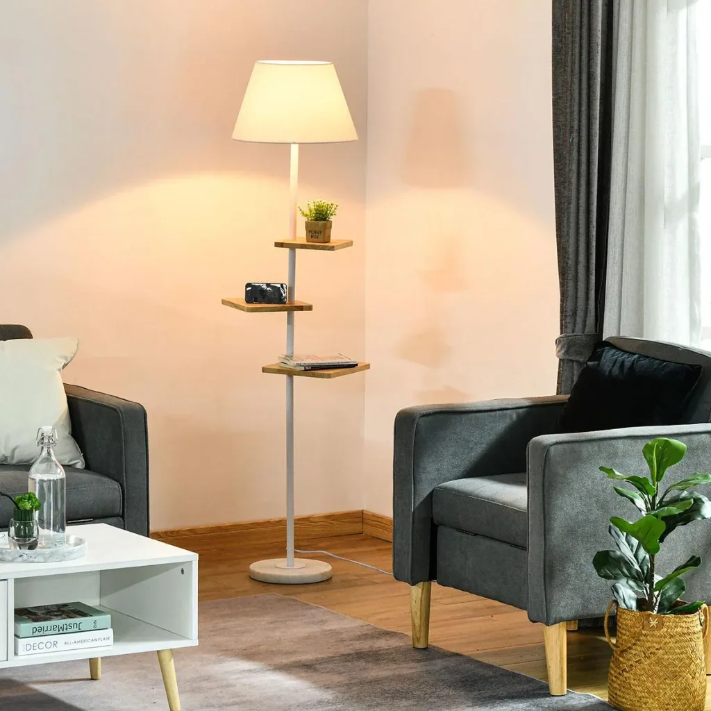 Stehlampe Stehleuchte mit 3 drehbaren Etagen elegant klassisch für Wohnzimmer Schlafzimmer Büro Stahl Gummiholz T/C-Gewe