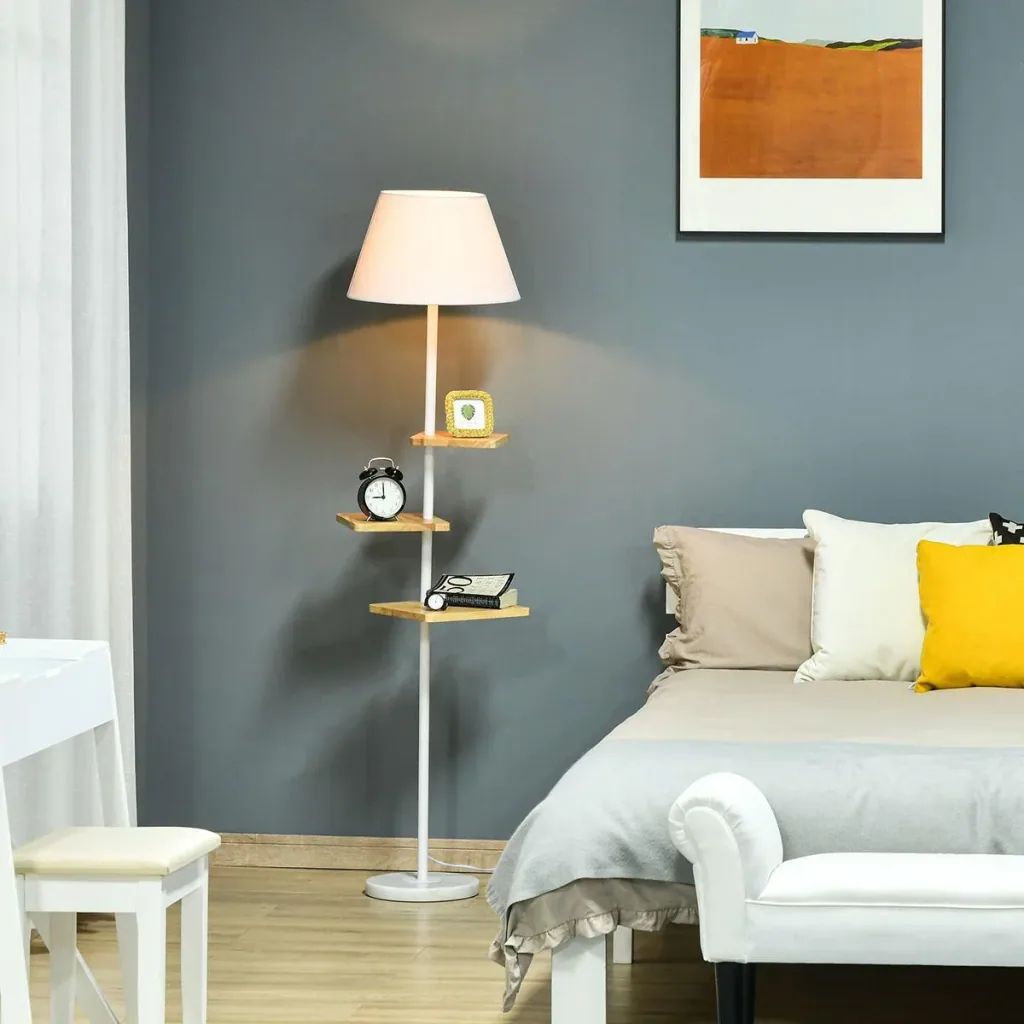 Stehlampe Stehleuchte mit 3 drehbaren Etagen elegant klassisch für Wohnzimmer Schlafzimmer Büro Stahl Gummiholz T/C-Gewe