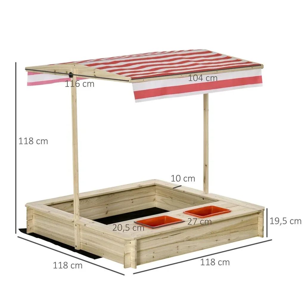 Sandkasten Holz Bodenloses Design mit absenkbarem und schwenkbarem Dach für 3-8 Jahre Kinder Natur 118 x 118 x 118 cm