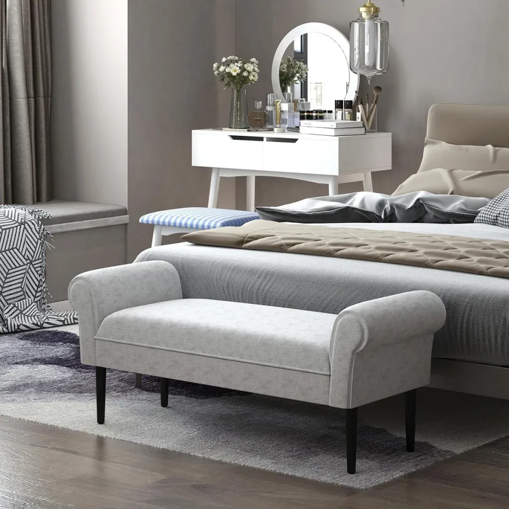 Polsterbank Sitzbank Lounge Sitzhocker Flurbank Bettbank elegant mit gerollten Seiten Leinenstoff Schaumstoff Polyester