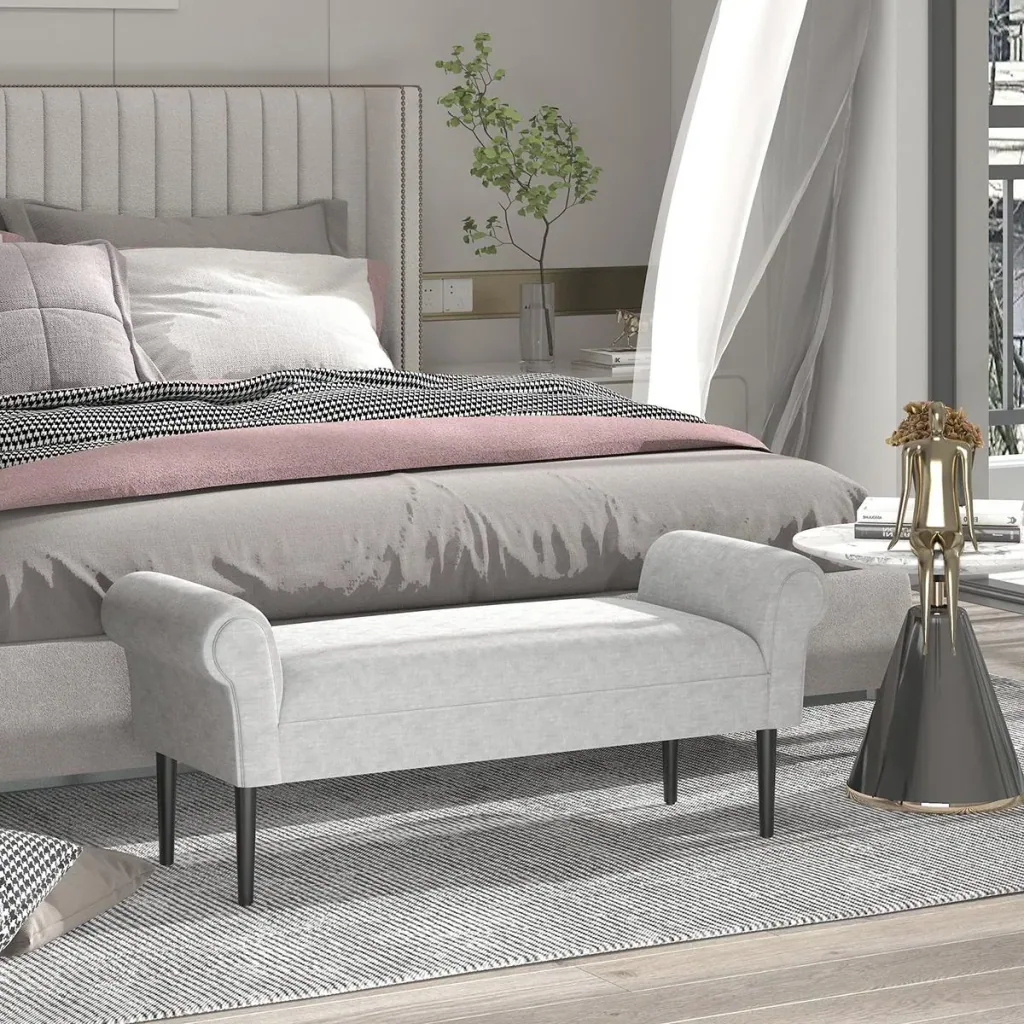 Polsterbank Sitzbank Lounge Sitzhocker Flurbank Bettbank elegant mit gerollten Seiten Leinenstoff Schaumstoff Polyester