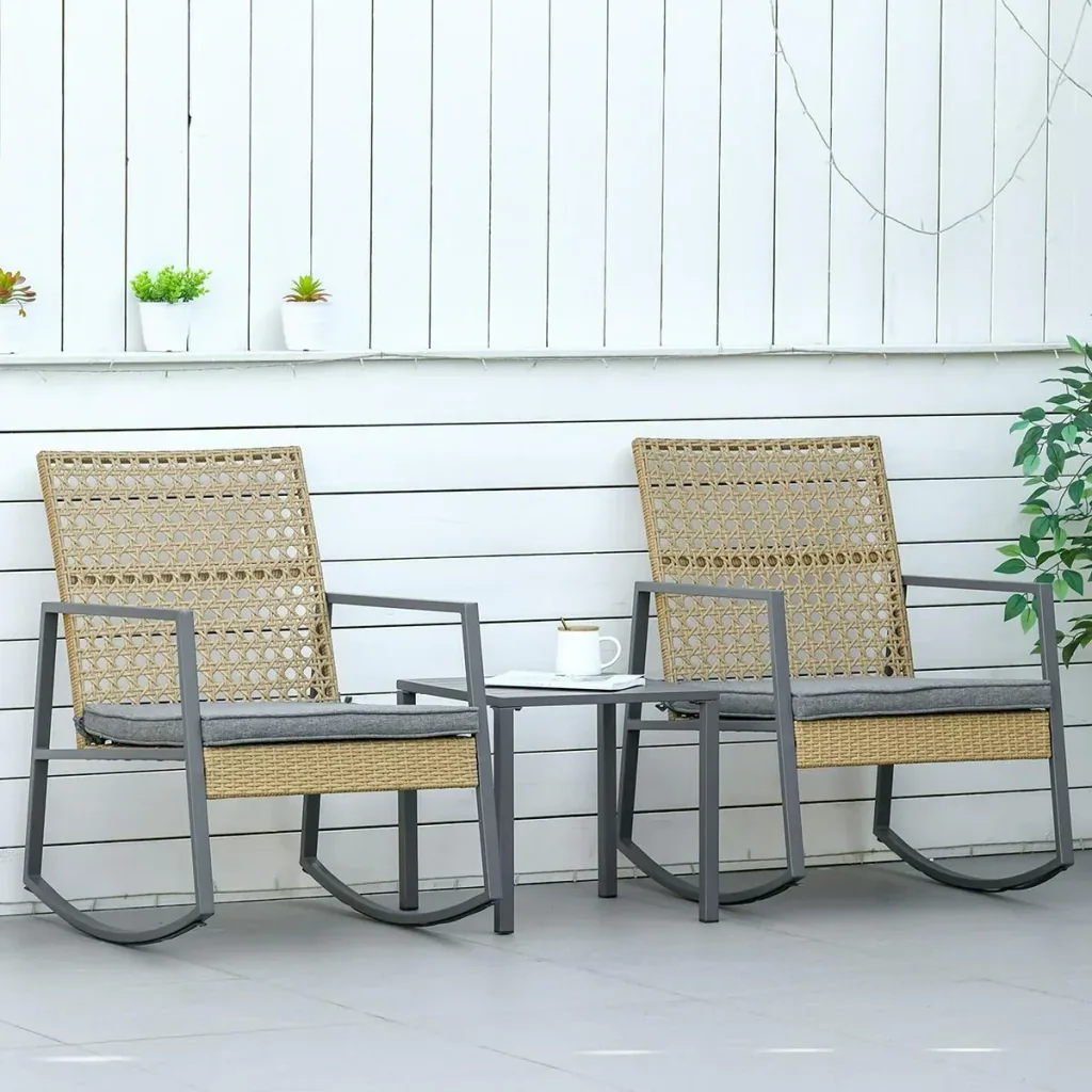 Rattan-Schaukelstuhl 3 teilige Bistroset 2 Stühle 1 Tisch mit Kissen Stahl für Gärten Terrassen Außenbereich Terrassenmö