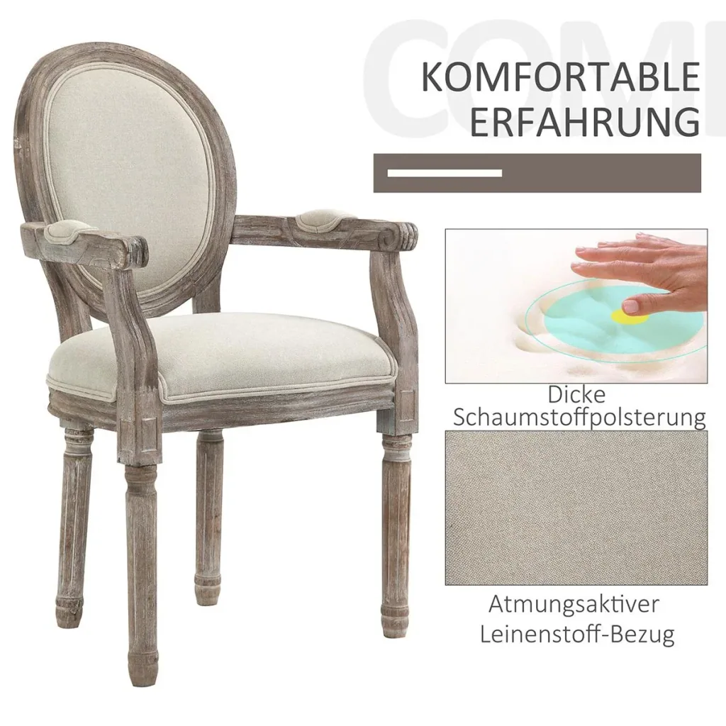 Esszimmerstuhl Retro-Design Küchenstuhl mit Armlehnen Polsterstuhl für Wohnzimmer Gummiholz Cremeweiß+ helle Holzfarbe 5