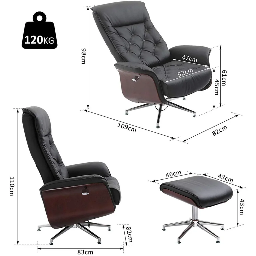 Relaxsessel mit Hocker Fernsehsessel Polstersessel PU-Bezug Holzverkleidung Metallfuß Schwarz 82 x 83 x 110 cm