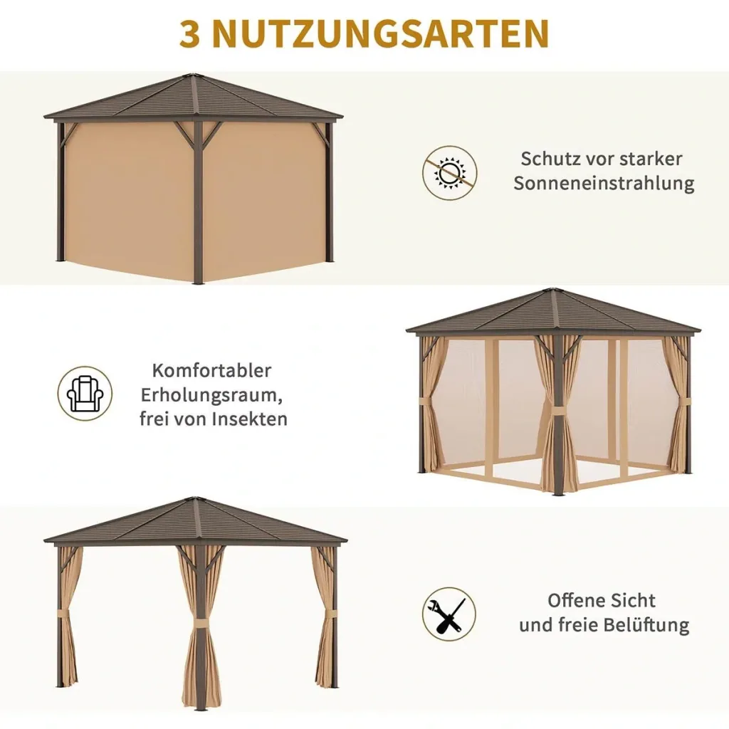 Gartenpavillon Pavillon 298 x 298 x 260 cm Gartenzelt Festzelt Partyzelt mit 4 x Doppel-Seitenteilw wetterfest Aluminium