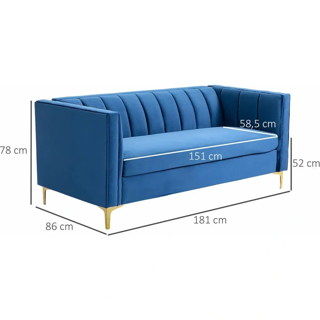 3-Sitzer Sofa Polstersofa Stoffsofa Sitzmöbel Couch Wohnzimmersofa mit Armlehne golden Stahlbeinen Samt-Touch Blau 181 x
