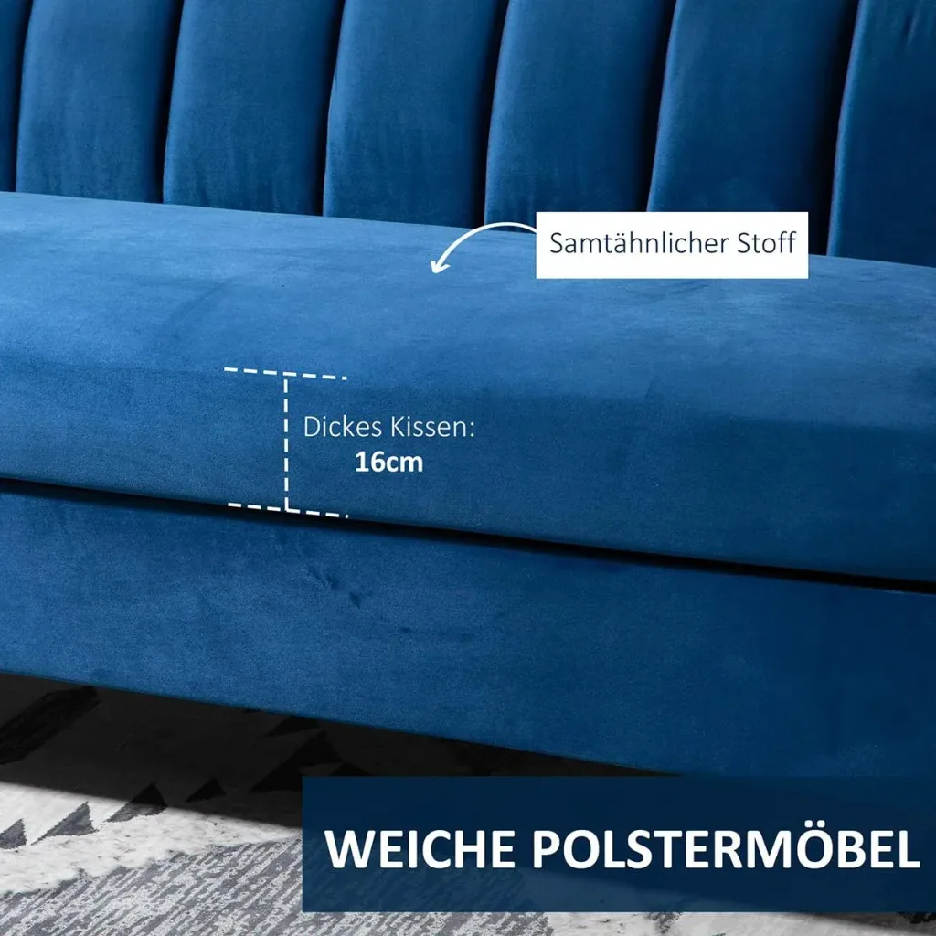 3-Sitzer Sofa Polstersofa Stoffsofa Sitzmöbel Couch Wohnzimmersofa mit Armlehne golden Stahlbeinen Samt-Touch Blau 181 x